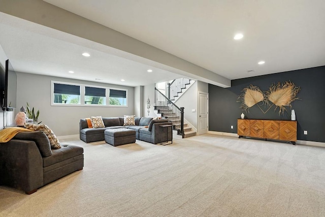 16486 S Chalet Dr, Olathe, KS 66062 - carpeted living area featuring recessed lighting and stairs