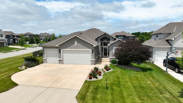 16486 S Chalet Dr, Olathe, KS 66062 - view of front of home with a garage, a residential view, concrete driveway, a front lawn, and stucco siding