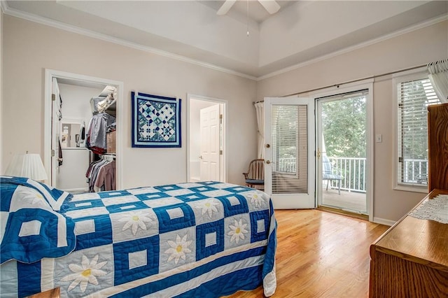 17801 E 30th St S, Independence, MO 64057 - bedroom featuring wood finished floors, access to exterior, crown molding, connected bathroom, and ceiling fan