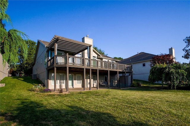 12546 Augusta Dr, Kansas City, KS 66109 - back of house featuring a wooden deck, a chimney, and a lawn