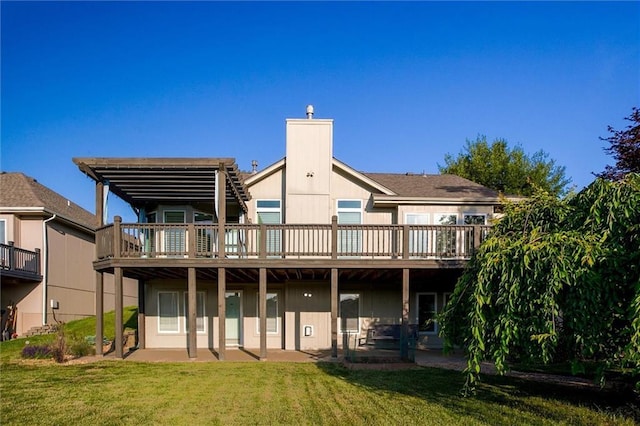 12546 Augusta Dr, Kansas City, KS 66109 - back of property with a lawn, a wooden deck, a patio, and a chimney