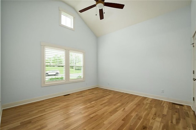 3225 SW Longview Rd, Lees Summit, MO 64081 - unfurnished room with ceiling fan, high vaulted ceiling, and light wood-style flooring