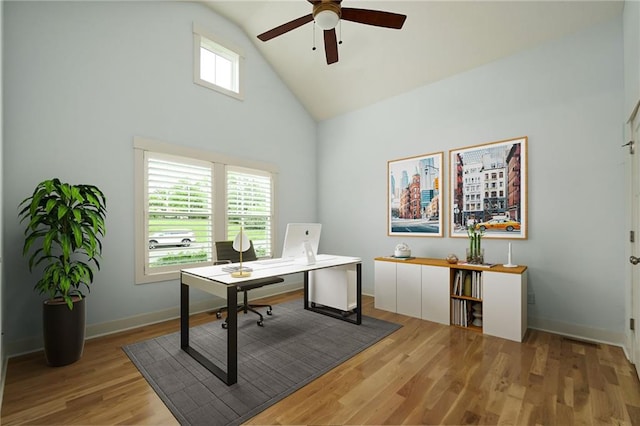 3225 SW Longview Rd, Lees Summit, MO 64081 - office featuring ceiling fan, high vaulted ceiling, and light wood-style floors