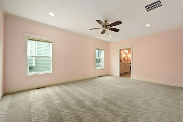 3225 SW Longview Rd, Lees Summit, MO 64081 - spare room featuring ceiling fan, ornamental molding, light colored carpet, and recessed lighting