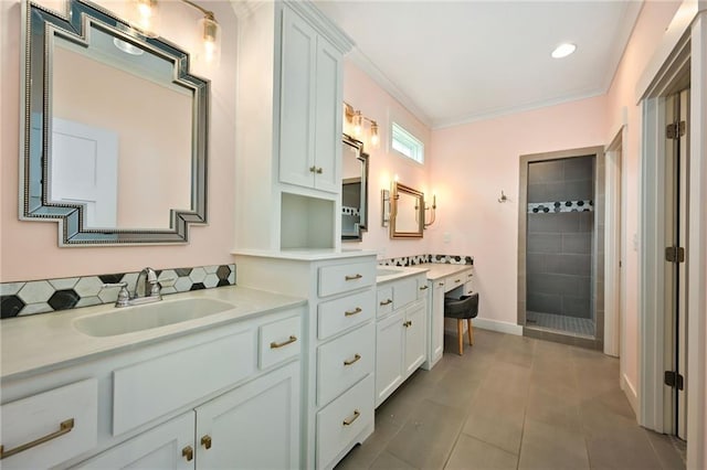 3225 SW Longview Rd, Lees Summit, MO 64081 - full bath with a stall shower, vanity, tile patterned floors, and ornamental molding