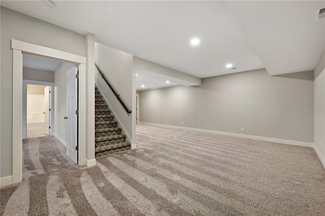 3225 SW Longview Rd, Lees Summit, MO 64081 - finished below grade area with carpet floors, stairs, and recessed lighting