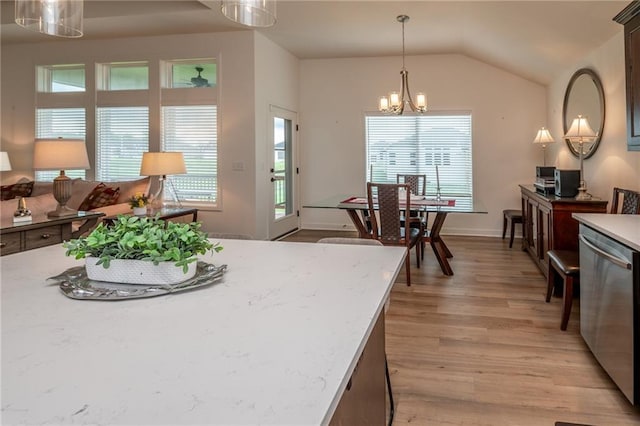 1301 NE 123rd St, Kansas City, MO 64165 - kitchen with dishwasher, light wood-style floors, a chandelier, lofted ceiling, and pendant lighting