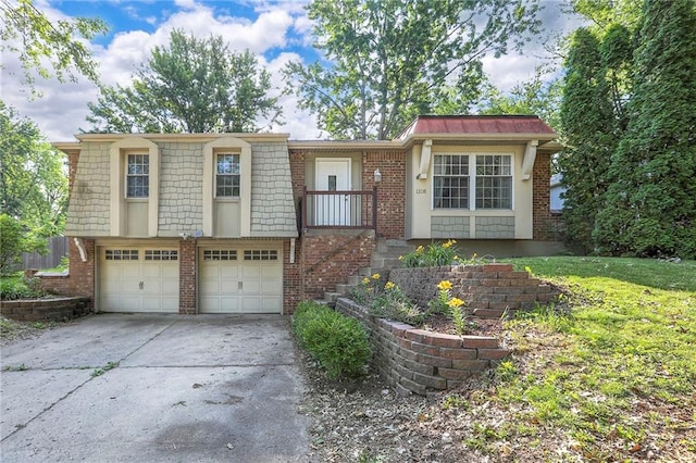 1108 NW Canterbury Rd, Blue Springs, MO 64015 - view of front of house featuring a garage, brick siding, concrete driveway, and mansard roof