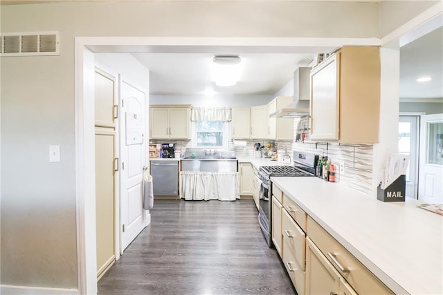 2633 E Langsford Rd, Lees Summit, MO 64063 - kitchen featuring stainless steel appliances, wall chimney range hood, healthy amount of natural light, and tasteful backsplash