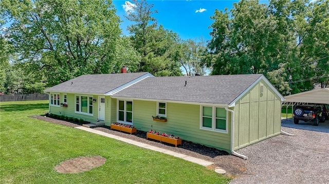 2633 E Langsford Rd, Lees Summit, MO 64063 - ranch-style house featuring a detached carport, a shingled roof, driveway, and a chimney