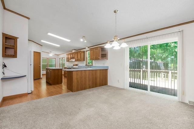 81 Enchanted Ln, Linn Valley, KS 66040 - kitchen with light carpet, brown cabinetry, vaulted ceiling, a peninsula, and light countertops