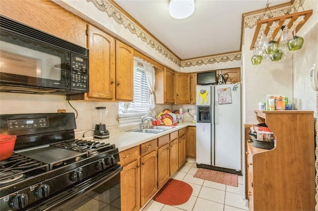 4234 E 68th St, Kansas City, MO 64132 - kitchen with black appliances, light countertops, brown cabinets, light tile patterned floors, and tasteful backsplash