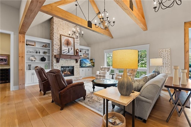 4915 NW Canyon Ct, Lees Summit, MO 64064 - living room with a chandelier, beamed ceiling, high vaulted ceiling, light wood-style flooring, and a stone fireplace