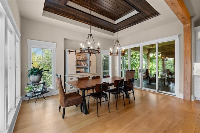 4915 NW Canyon Ct, Lees Summit, MO 64064 - dining space featuring a tray ceiling, a chandelier, light wood-style floors, and wooden ceiling
