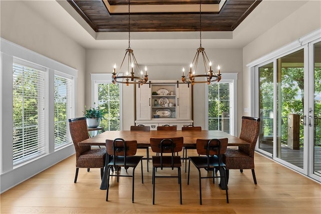 4915 NW Canyon Ct, Lees Summit, MO 64064 - dining space with a tray ceiling, a chandelier, and plenty of natural light