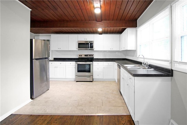 12507 E 46th Ter S, Independence, MO 64055 - kitchen with stainless steel appliances, dark countertops, a wood ceiling with exposed beams, white cabinets, and tasteful backsplash