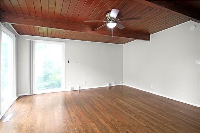 12507 E 46th Ter S, Independence, MO 64055 - unfurnished room with a wooden ceiling with exposed beams, a ceiling fan, a smoke detector, and wood finished floors
