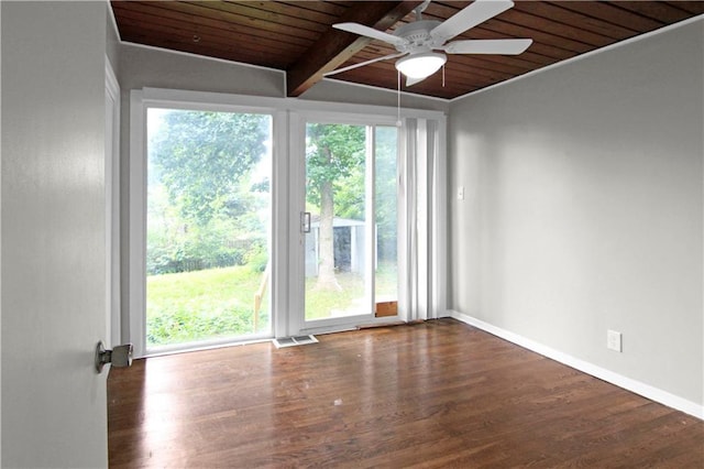 12507 E 46th Ter S, Independence, MO 64055 - empty room with ceiling fan, a wood ceiling with exposed beams, and wood finished floors