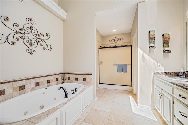 1617 Summit Valley Ln, Lees Summit, MO 64081 - bathroom featuring a stall shower, a jetted tub, and vanity