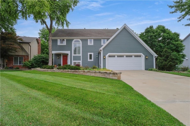 9504 W 115th St, Overland Park, KS 66210 - view of front of property with driveway, an attached garage, and a front lawn