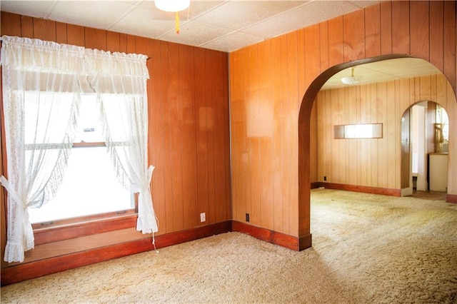 210 S Mulberry St, Paola, KS 66071 - spare room with arched walkways, carpet flooring, healthy amount of natural light, and wooden walls