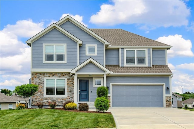 8604 NE 103rd St, Kansas City, MO 64157 - view of front of property with stone siding, a garage, driveway, a front yard, and a shingled roof