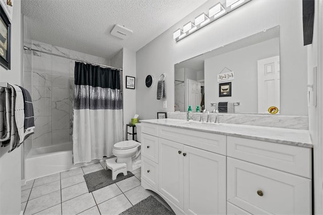 406 Crescent St, Lees Summit, MO 64063 - bathroom featuring vanity, shower / tub combo, tile patterned floors, and a textured ceiling