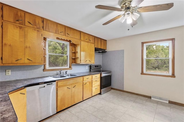 35365 Block Rd, Paola, KS 66071 - kitchen with stainless steel appliances, under cabinet range hood, a ceiling fan, and dark countertops