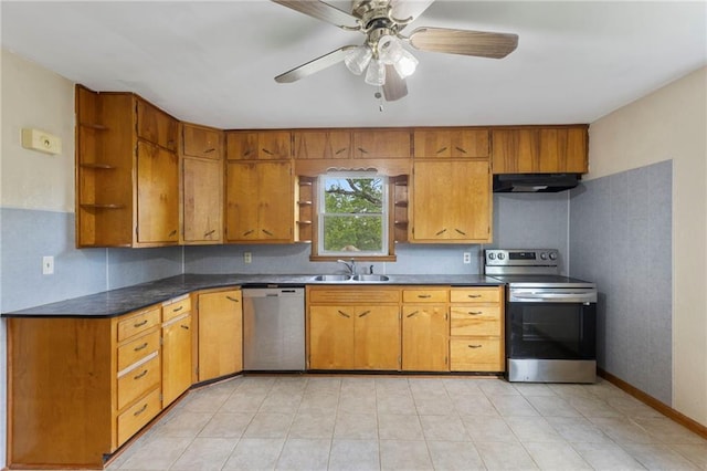 35365 Block Rd, Paola, KS 66071 - kitchen featuring open shelves, stainless steel appliances, ventilation hood, and dark countertops