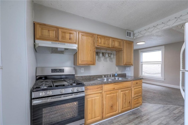 336 N 16th St, Kansas City, KS 66102 - kitchen featuring stainless steel gas range oven, under cabinet range hood, a textured ceiling, dark countertops, and light wood-style floors