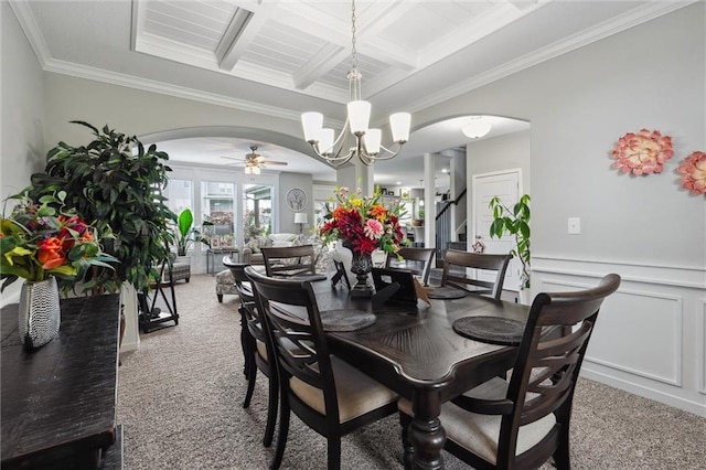 24631 W 126th St, Olathe, KS 66061 - carpeted dining space with arched walkways, a chandelier, ornamental molding, coffered ceiling, and beamed ceiling