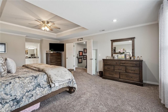 24631 W 126th St, Olathe, KS 66061 - bedroom with crown molding, carpet floors, recessed lighting, a raised ceiling, and ensuite bath