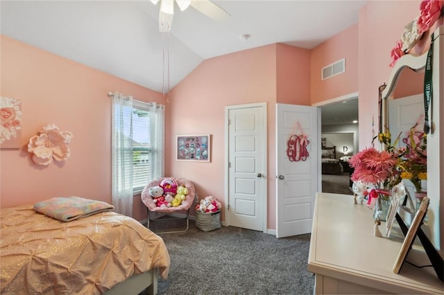 24631 W 126th St, Olathe, KS 66061 - bedroom featuring dark carpet, lofted ceiling, and ceiling fan