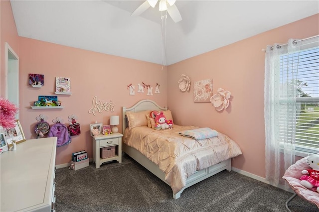 24631 W 126th St, Olathe, KS 66061 - bedroom with vaulted ceiling, dark carpet, and a ceiling fan