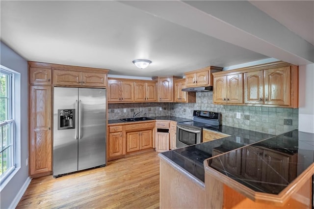 3620 Smart Ave, Kansas City, MO 64124 - kitchen with stainless steel appliances, under cabinet range hood, backsplash, a peninsula, and light wood-type flooring