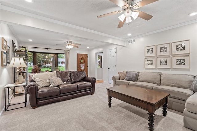 8039 Kessler St, Overland Park, KS 66204 - carpeted living room with a ceiling fan, recessed lighting, and ornamental molding