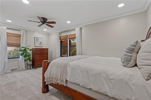 8039 Kessler St, Overland Park, KS 66204 - bedroom with recessed lighting, crown molding, light carpet, and ceiling fan