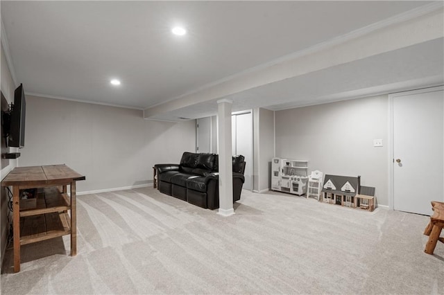 8039 Kessler St, Overland Park, KS 66204 - living area with carpet flooring, recessed lighting, and crown molding