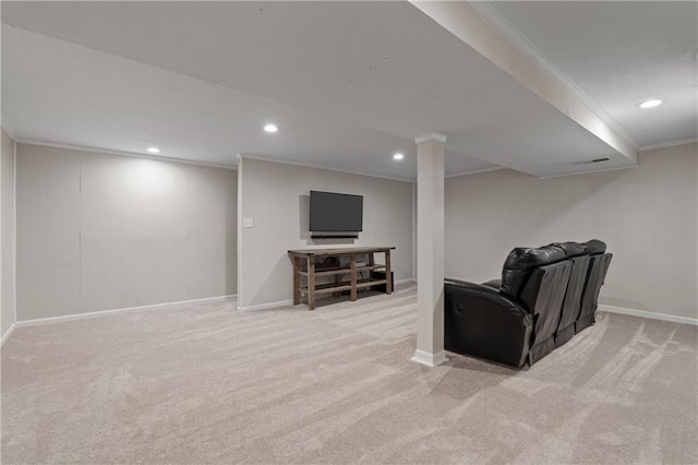 8039 Kessler St, Overland Park, KS 66204 - finished below grade area with crown molding, recessed lighting, and carpet flooring