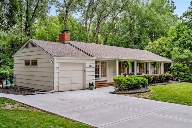 8315 Sagamore Rd, Leawood, KS 66206 - ranch-style house with a chimney, an attached garage, a shingled roof, concrete driveway, and a front yard