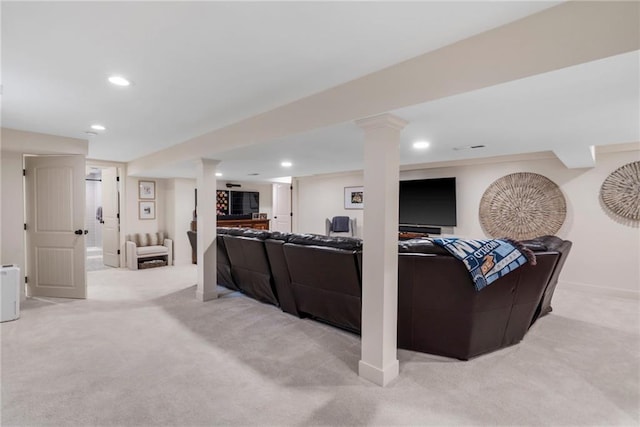 8315 Sagamore Rd, Leawood, KS 66206 - living room with light carpet, recessed lighting, and decorative columns