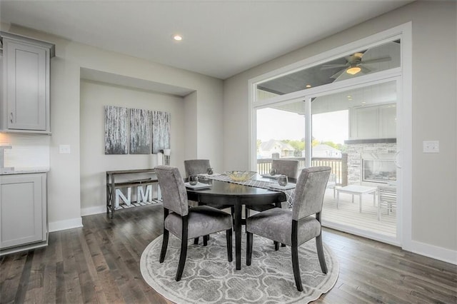 18421 Caenen St, Overland Park, KS 66013 - dining space with dark wood-style flooring, ceiling fan, and recessed lighting