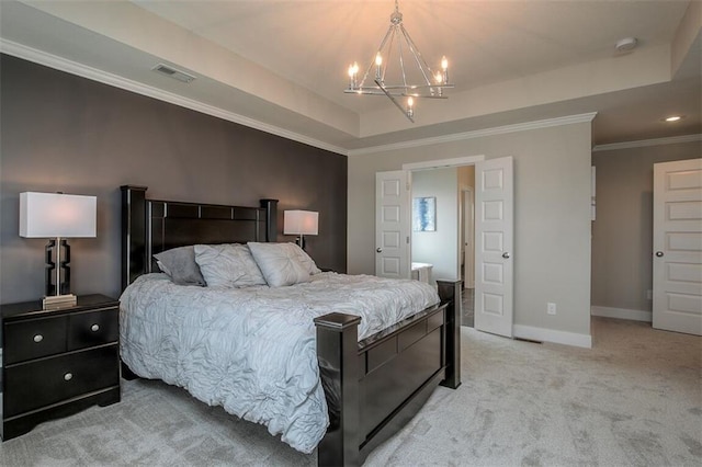 18421 Caenen St, Overland Park, KS 66013 - bedroom featuring a chandelier, light colored carpet, a tray ceiling, and crown molding