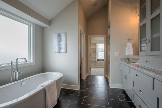 18421 Caenen St, Overland Park, KS 66013 - bathroom featuring vanity, a freestanding bath, plenty of natural light, and vaulted ceiling