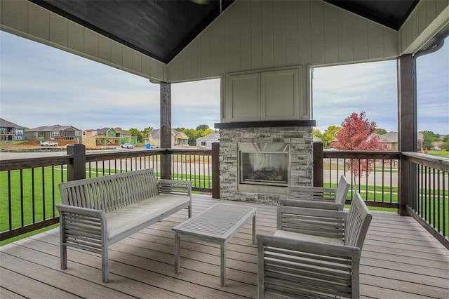 18421 Caenen St, Overland Park, KS 66013 - wooden deck featuring a residential view and an outdoor living space with a fireplace