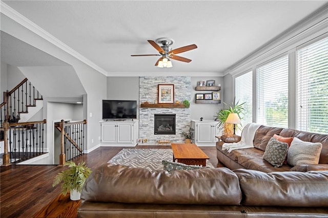 21502 W 98th Ter, Lenexa, KS 66220 - living area with dark wood-type flooring, plenty of natural light, ceiling fan, ornamental molding, and a fireplace