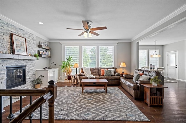 21502 W 98th Ter, Lenexa, KS 66220 - living room with ceiling fan, dark wood finished floors, crown molding, and a stone fireplace