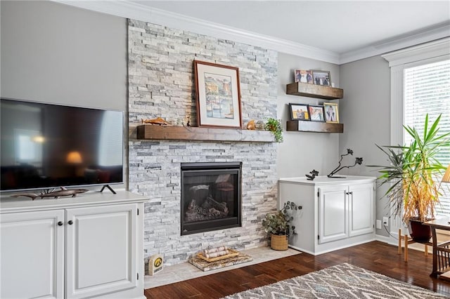 21502 W 98th Ter, Lenexa, KS 66220 - living room featuring dark wood-type flooring, ornamental molding, and a stone fireplace