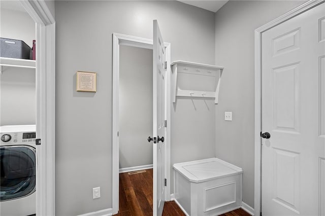 21502 W 98th Ter, Lenexa, KS 66220 - laundry room featuring washer / dryer and dark wood-style flooring