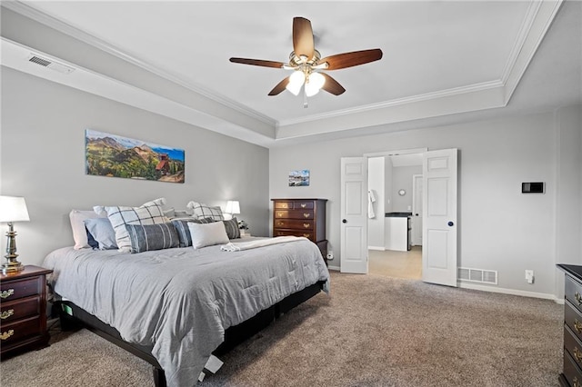 21502 W 98th Ter, Lenexa, KS 66220 - bedroom featuring a raised ceiling, light carpet, crown molding, and a ceiling fan